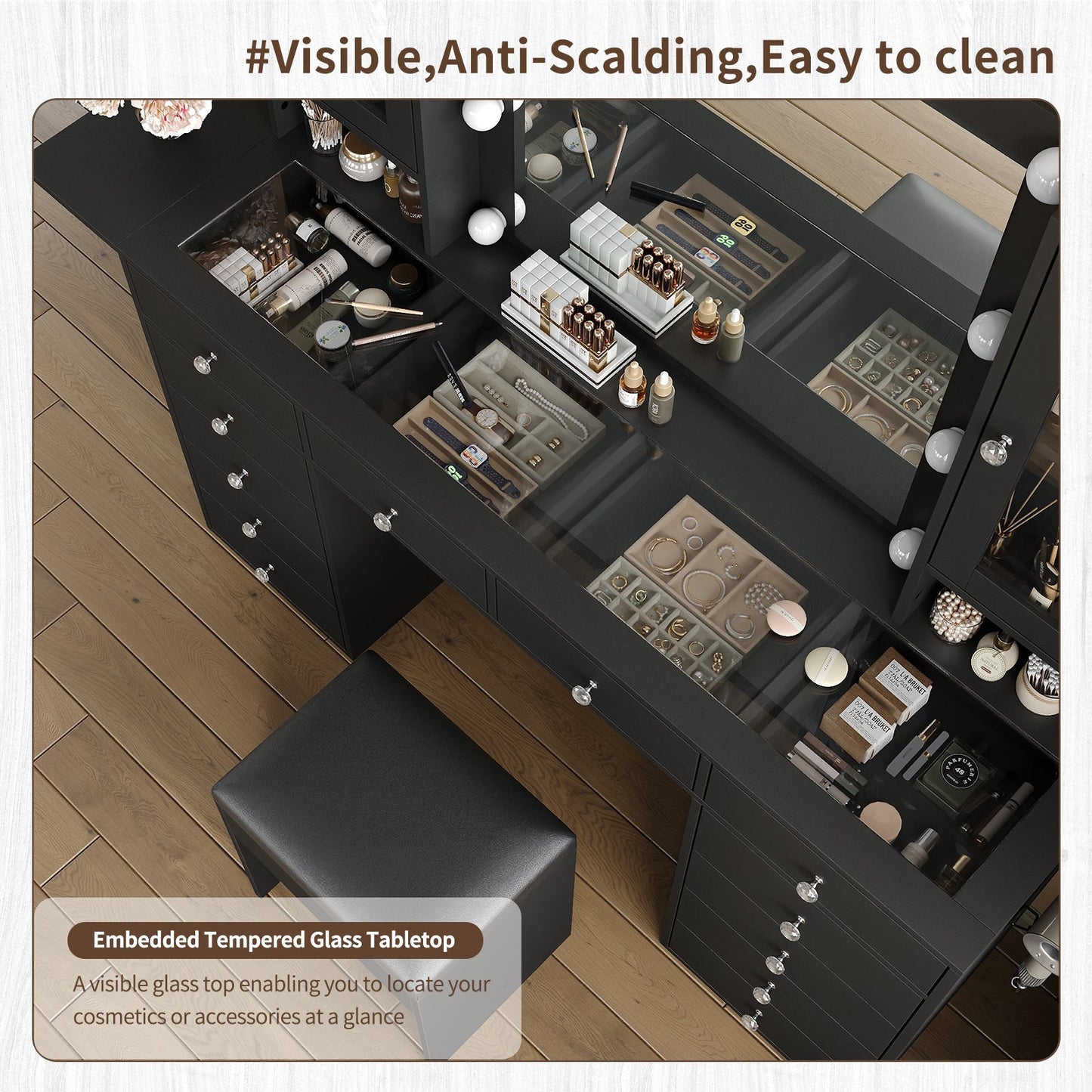 Yanosaku VD012 Bedroom Makeup Vanity desk with LED Mirror, 12 Drawers