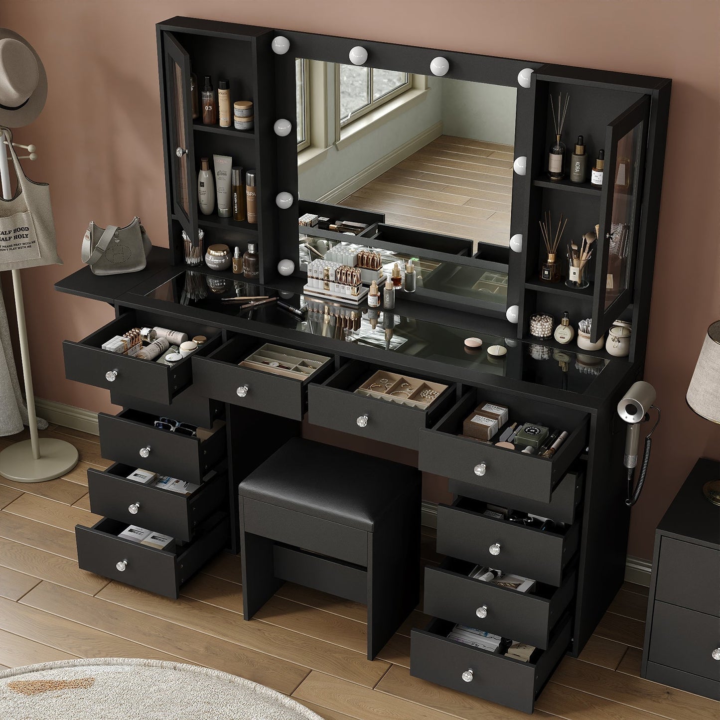 Yanosaku VD012 Bedroom Makeup Vanity desk with LED Mirror, 12 Drawers