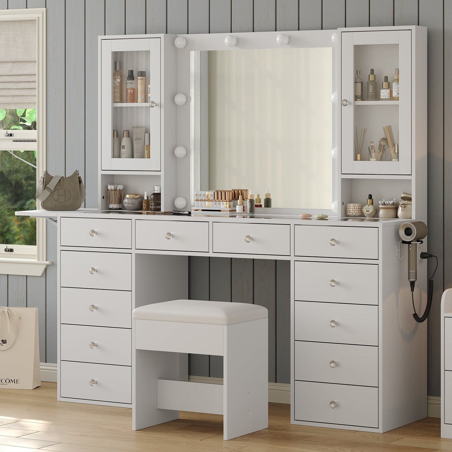 Yanosaku VD012 Bedroom Makeup Vanity desk with LED Mirror, 12 Drawers