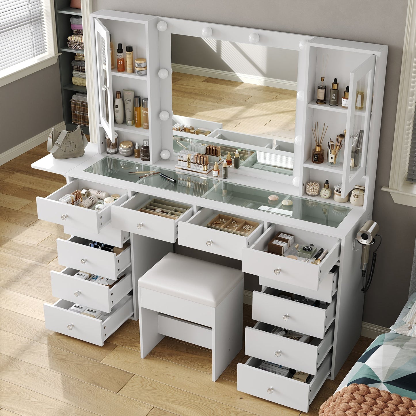 Yanosaku VD012 Bedroom Makeup Vanity desk with LED Mirror, 12 Drawers