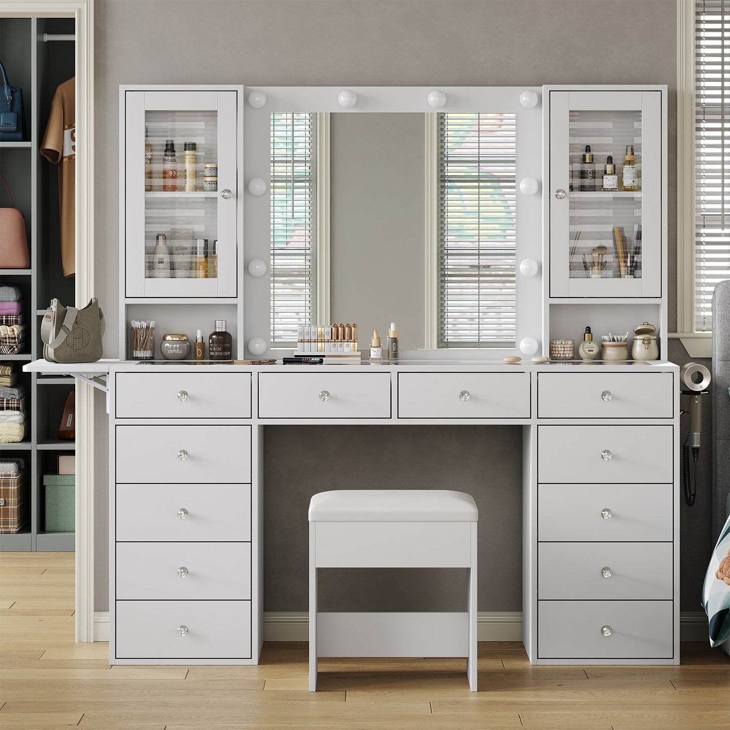 Yanosaku VD012 Bedroom Makeup Vanity desk with LED Mirror, 12 Drawers