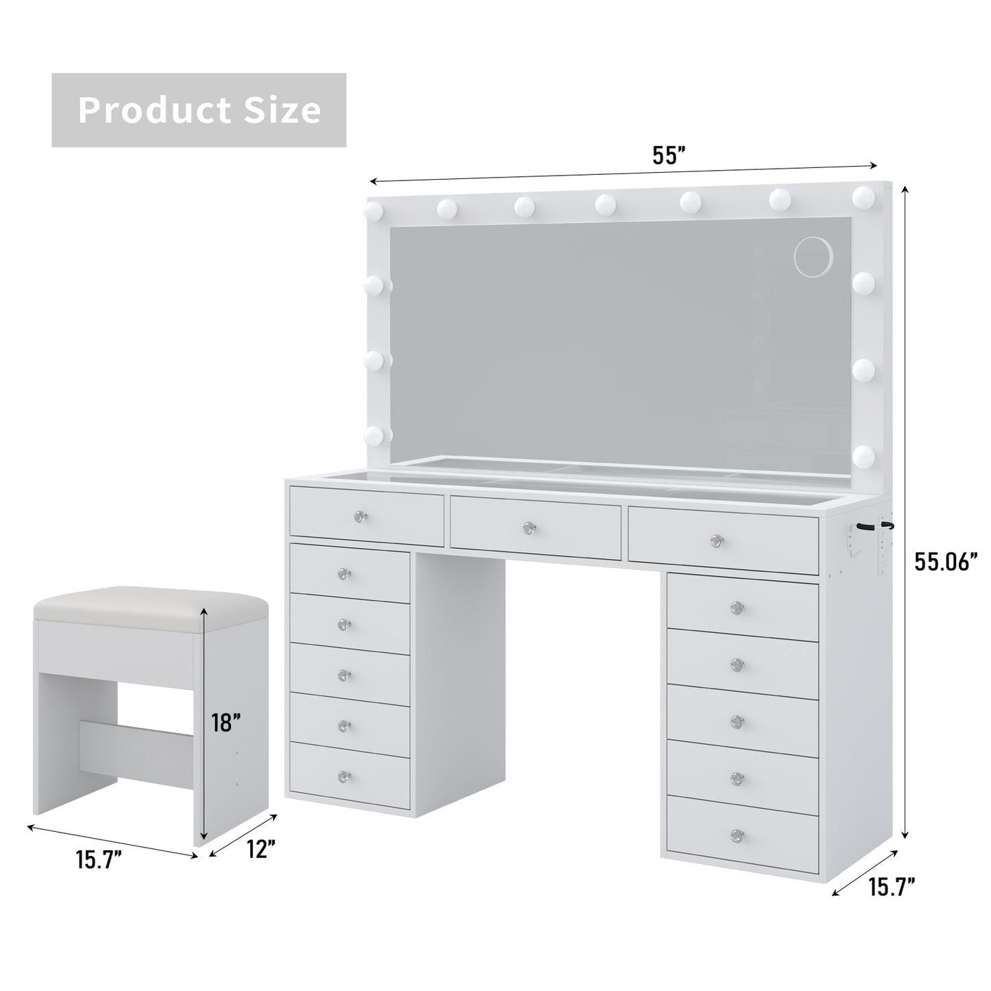 Yanosaku VD016 Bedroom Makeup Vanity desk with LED Mirror, 13 Drawers