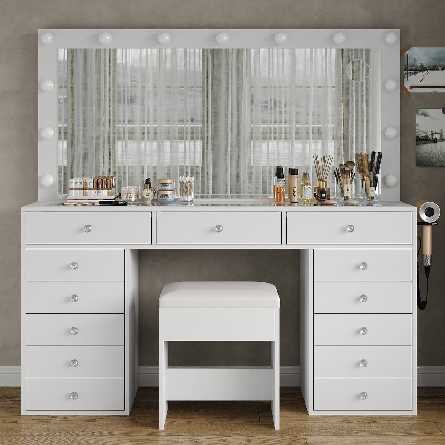 Yanosaku VD016 Bedroom Makeup Vanity desk with LED Mirror, 13 Drawers
