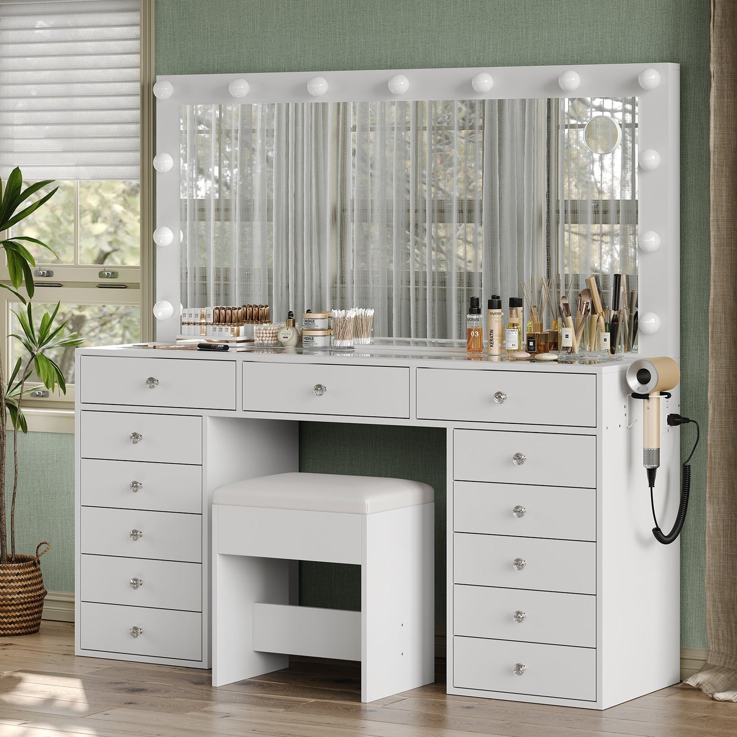 Yanosaku VD016 Bedroom Makeup Vanity desk with LED Mirror, 13 Drawers