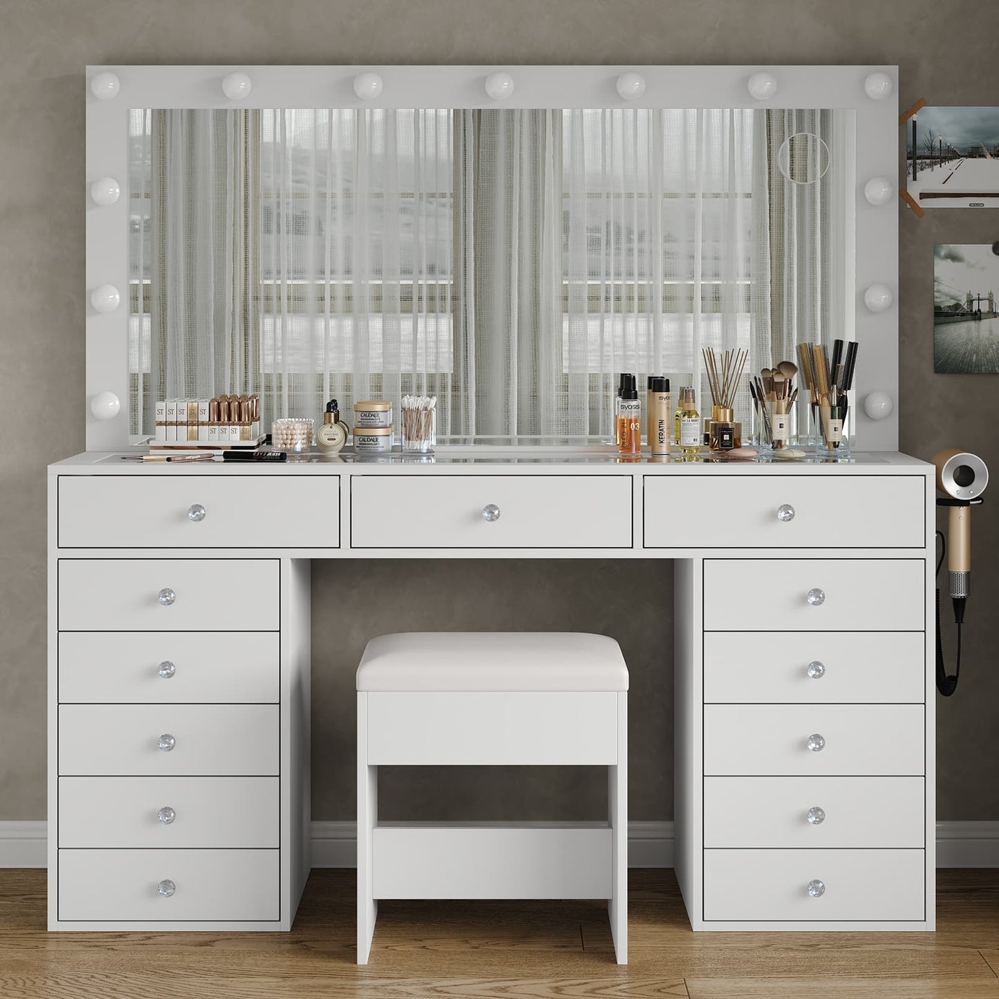 Yanosaku VD016 Bedroom Makeup Vanity desk with LED Mirror, 13 Drawers