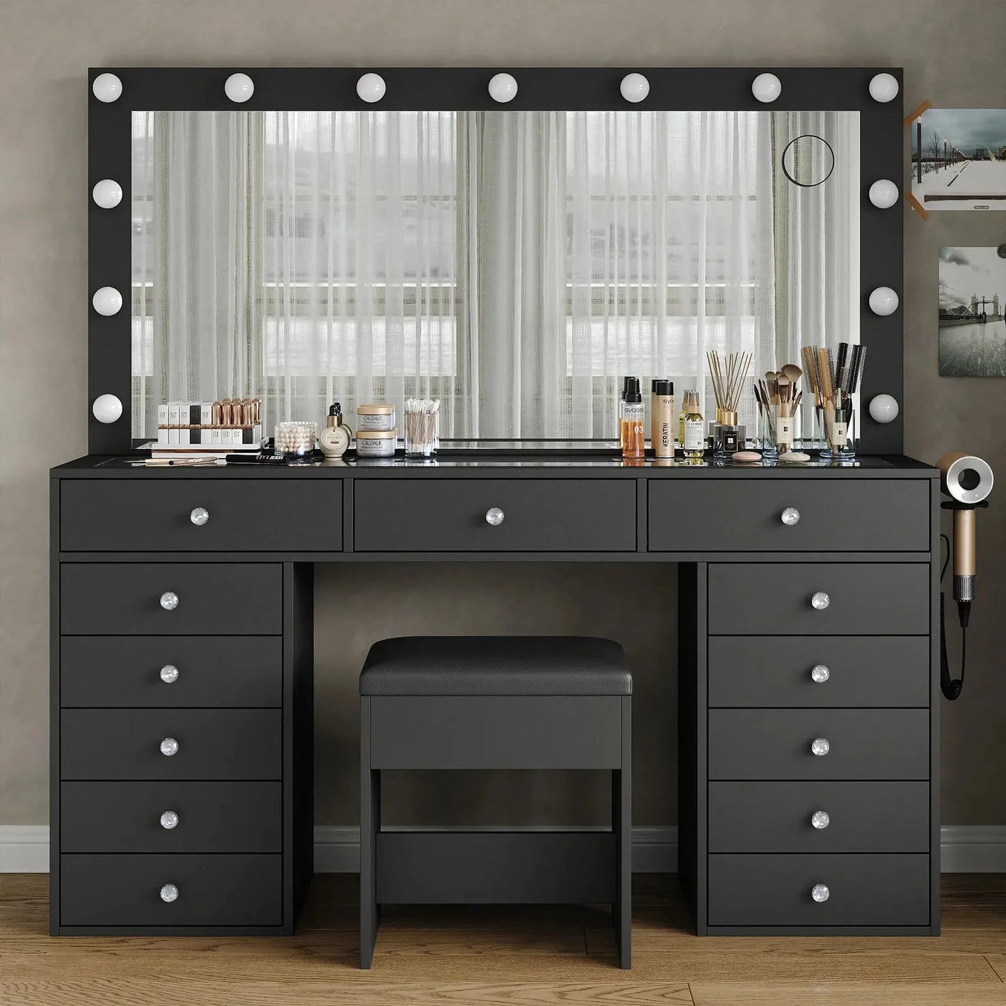 Yanosaku VD016 Bedroom Makeup Vanity desk with LED Mirror, 13 Drawers
