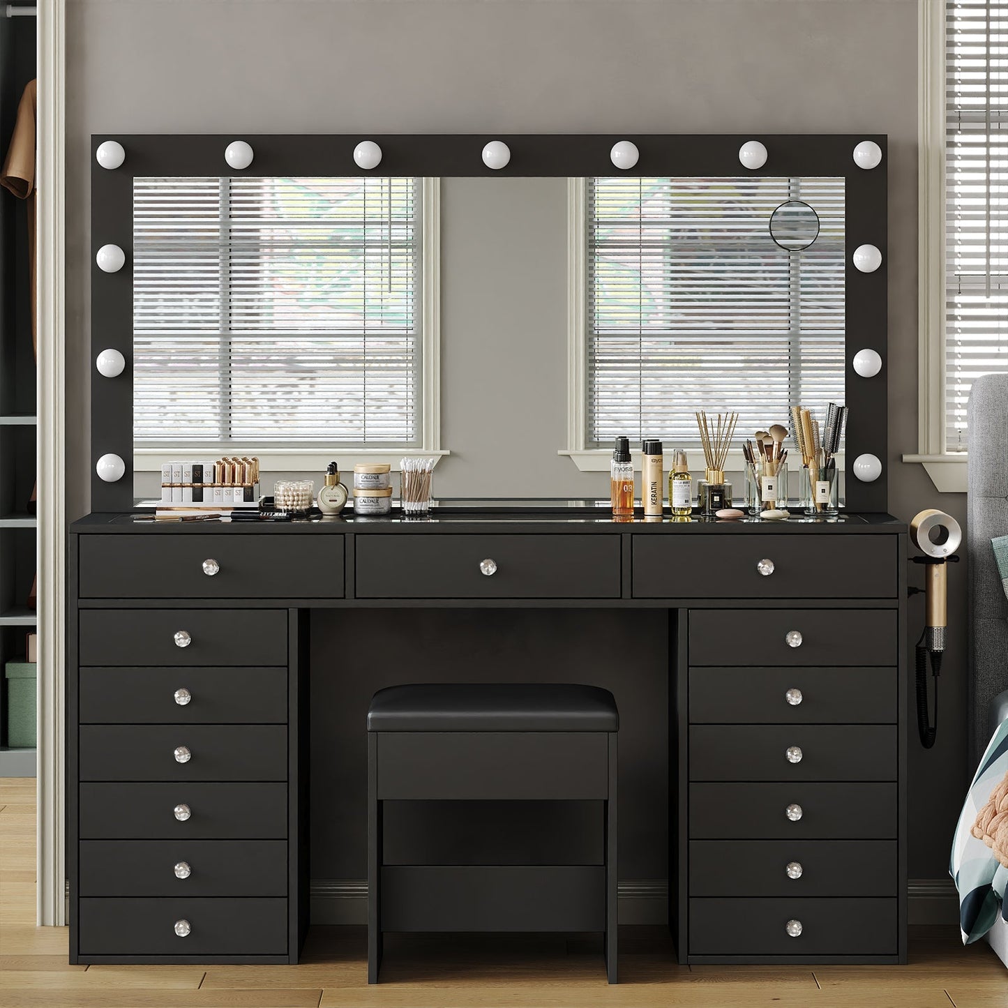 Yanosaku VD017 Bedroom Makeup Vanity desk with LED Mirror, 15 Drawers
