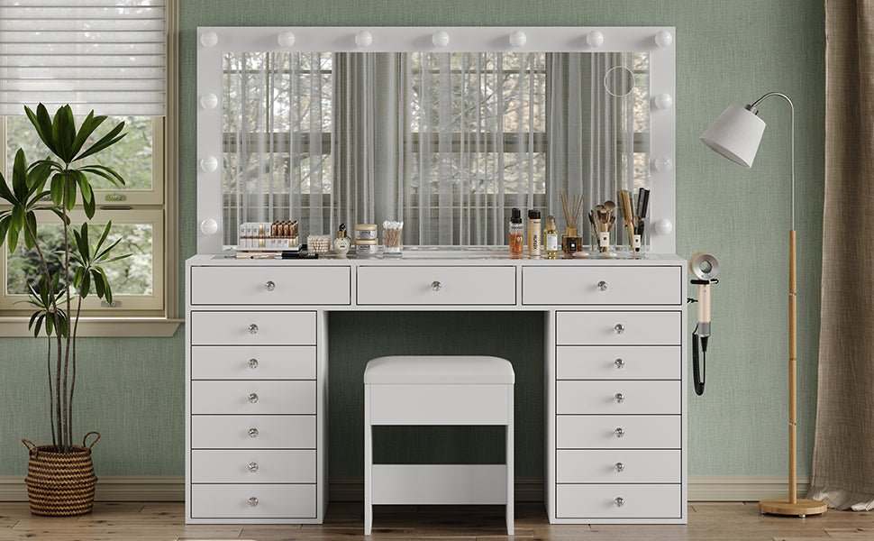 Yanosaku VD017 Bedroom Makeup Vanity desk with LED Mirror, 15 Drawers