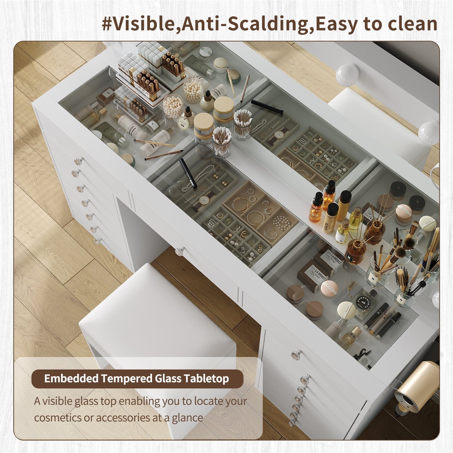 Yanosaku VD017 Bedroom Makeup Vanity desk with LED Mirror, 15 Drawers