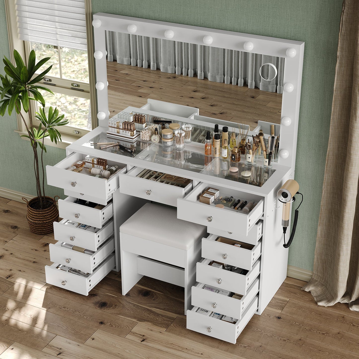 Yanosaku VD018 Bedroom Makeup Vanity desk with LED Mirror, 13 Drawers
