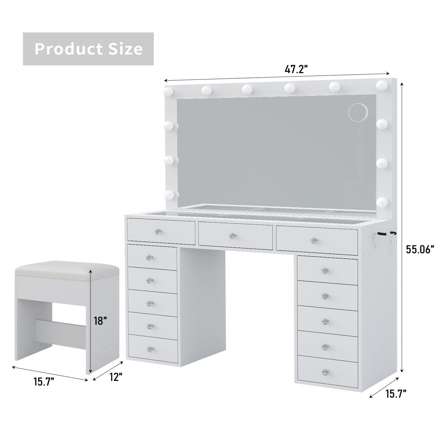 Yanosaku VD018 Bedroom Makeup Vanity desk with LED Mirror, 13 Drawers