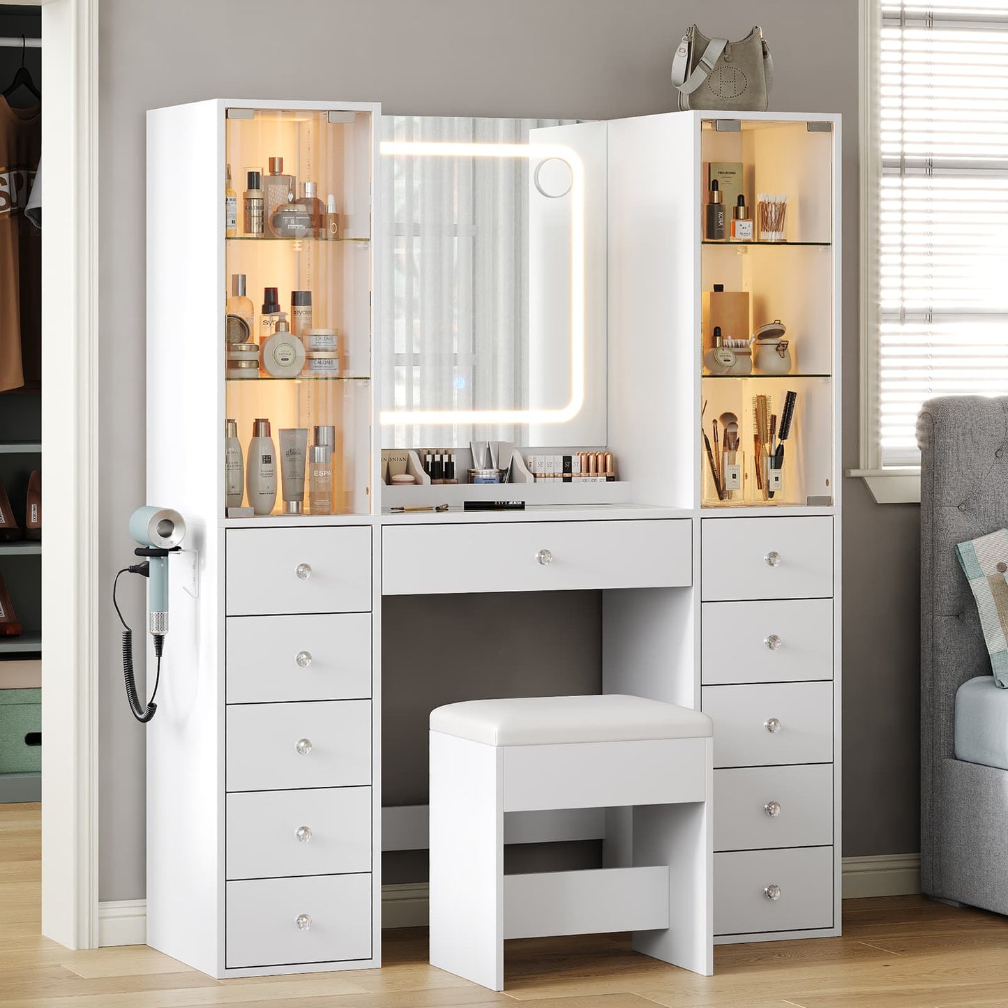 Yanosaku VD034 Bedroom Makeup Vanity desk with mirror, 11 Drawers
