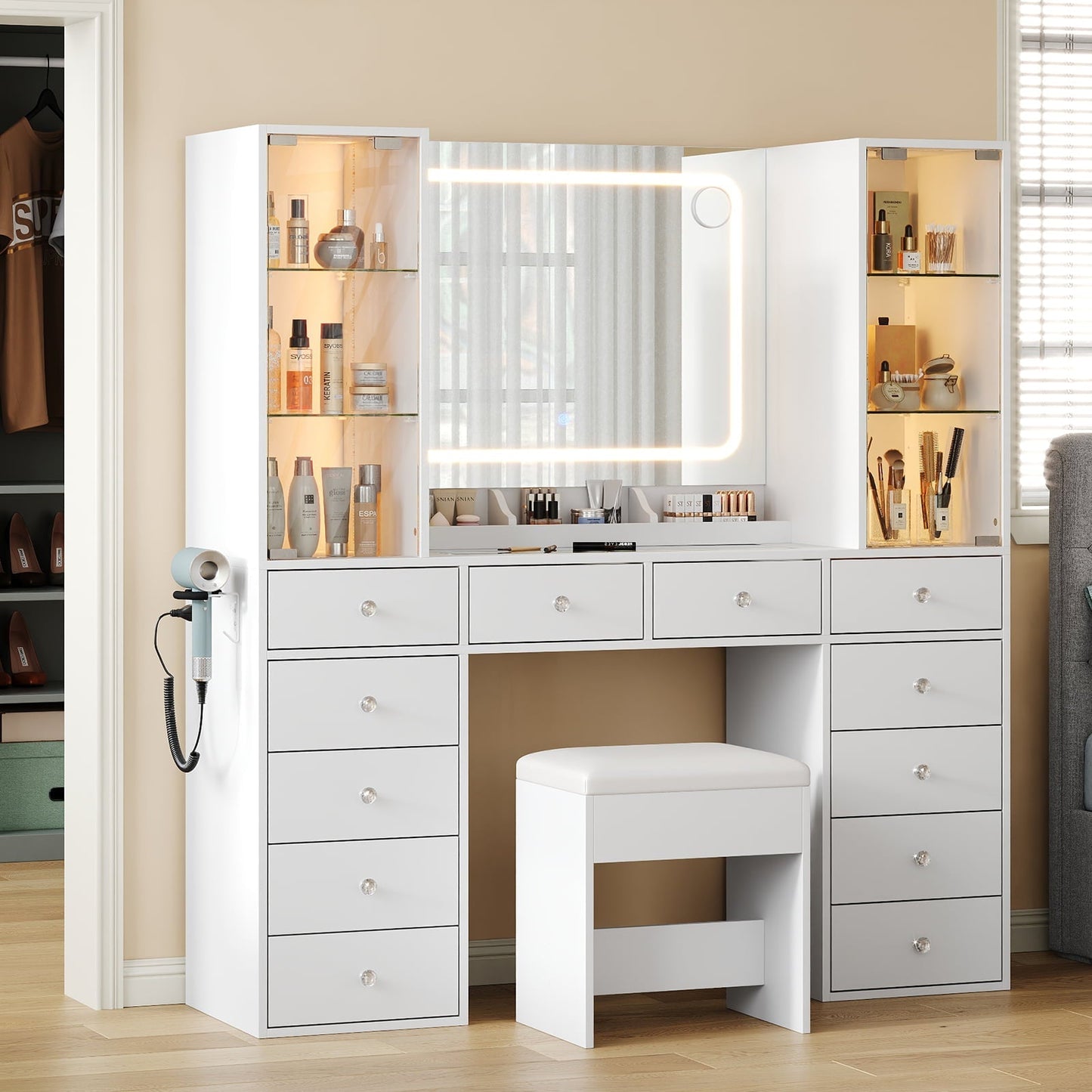 Yanosaku VD035 Bedroom Makeup Vanity desk with mirror, 12 Drawers