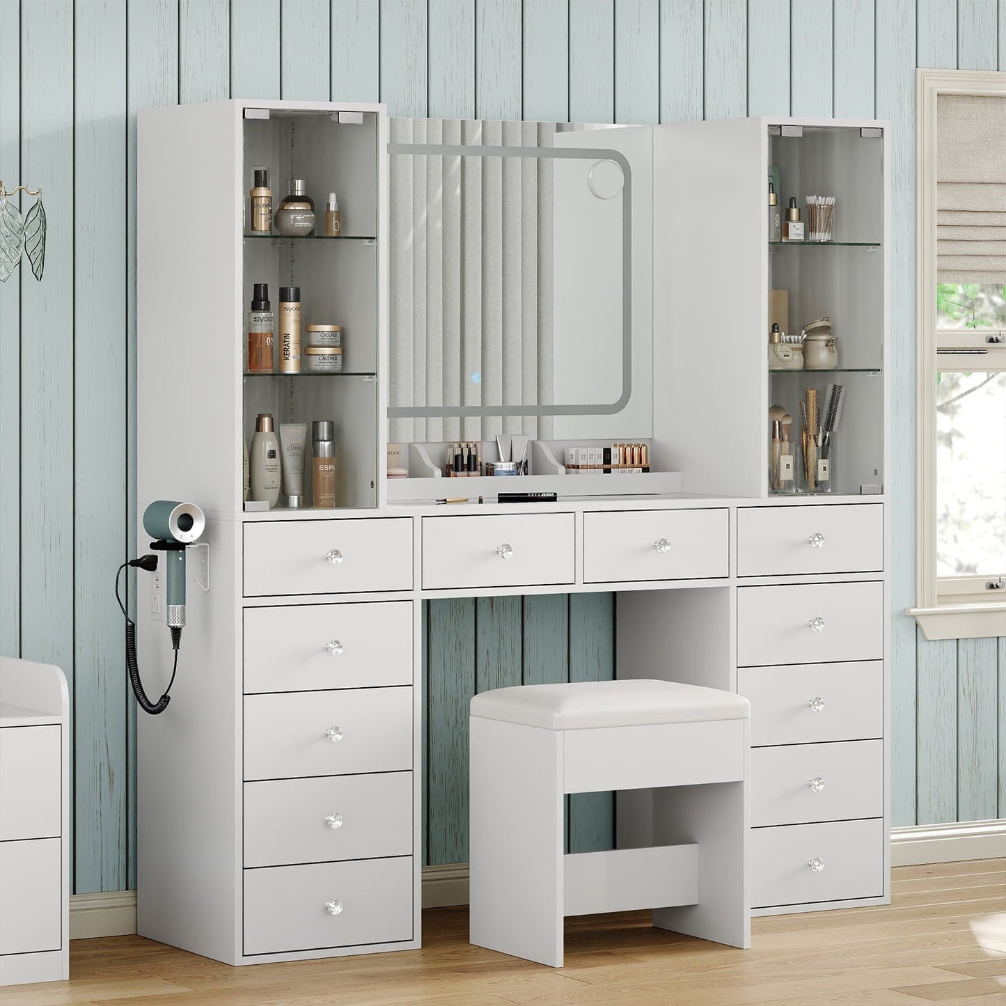 Yanosaku VD035 Bedroom Makeup Vanity desk with mirror, 12 Drawers