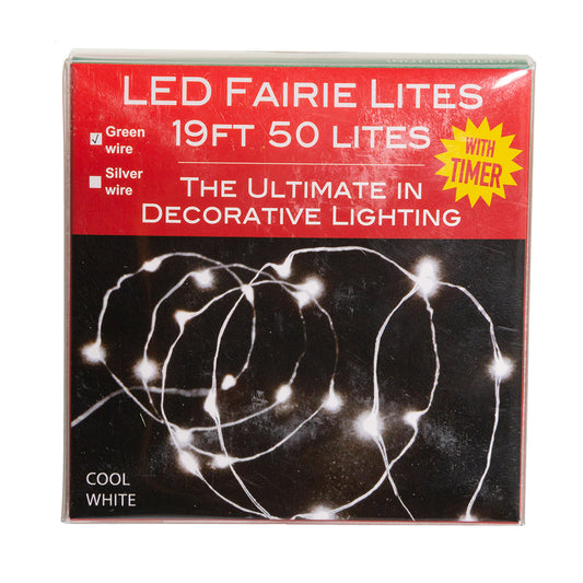 50-Light Battery-Operated Cool White LED Green Wire Fairy Lights