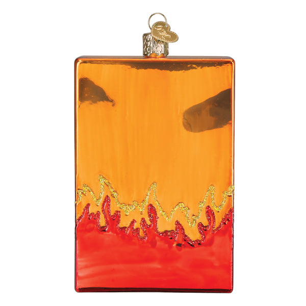 Frito Lay Vending Machine Glass Ornament with bright orange and red flame design, festive holiday decoration.