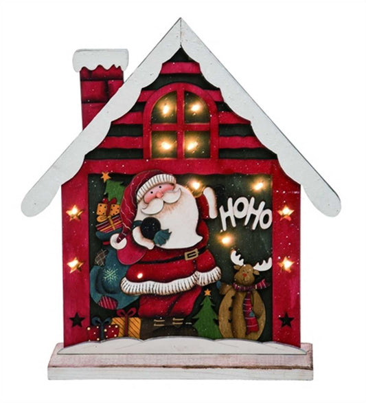 15 Inch Light Up Wooden Santa House