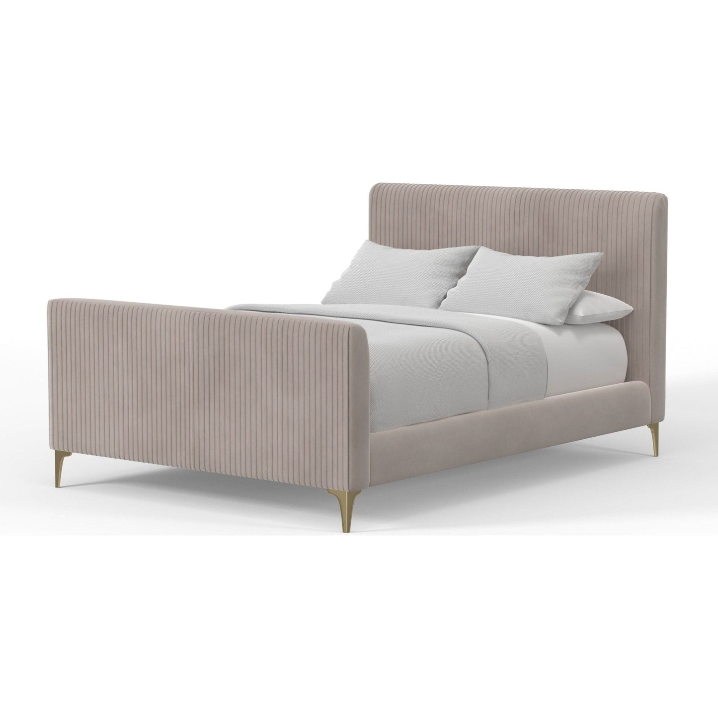 Zaldy Platform Bed in light grey fabric with ribbed headboard and gold legs, perfect for stylish bedrooms.