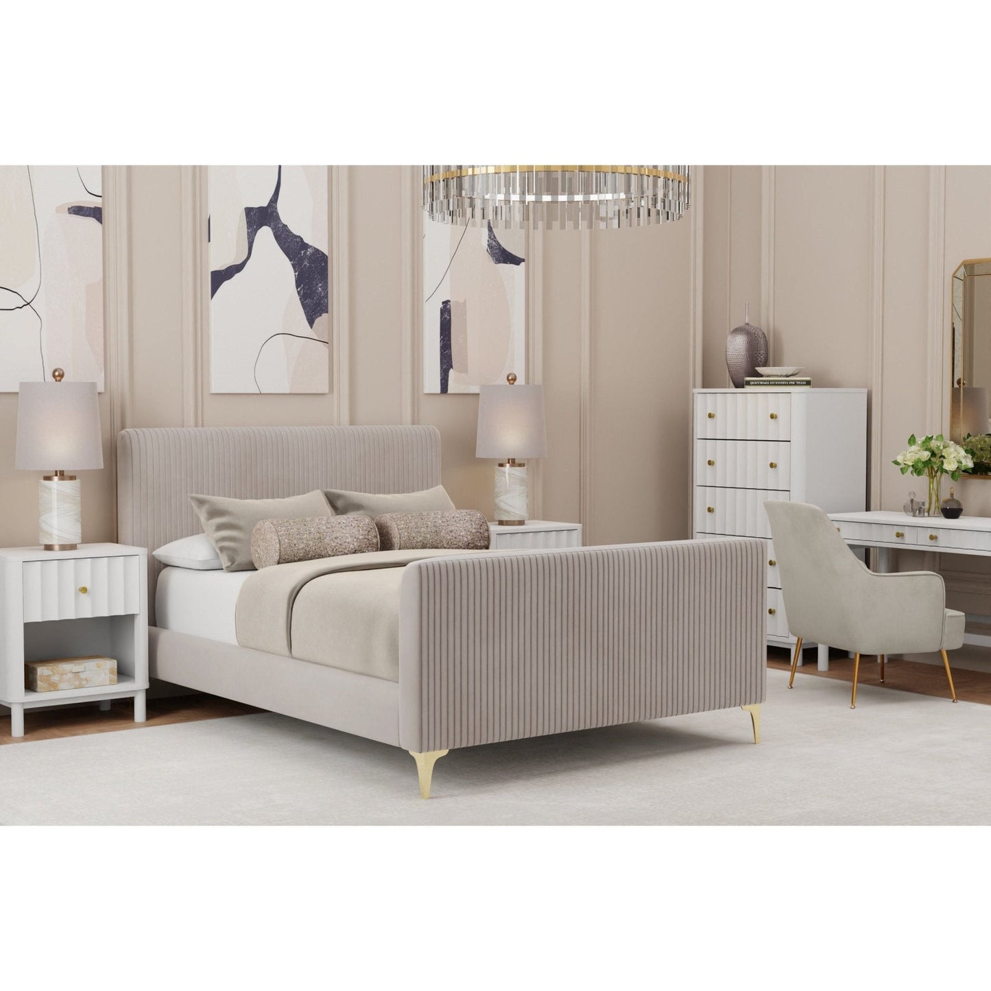 Zaldy Platform Bed in light grey fabric featuring ribbed headboard and gold legs, ideal for modern bedrooms.