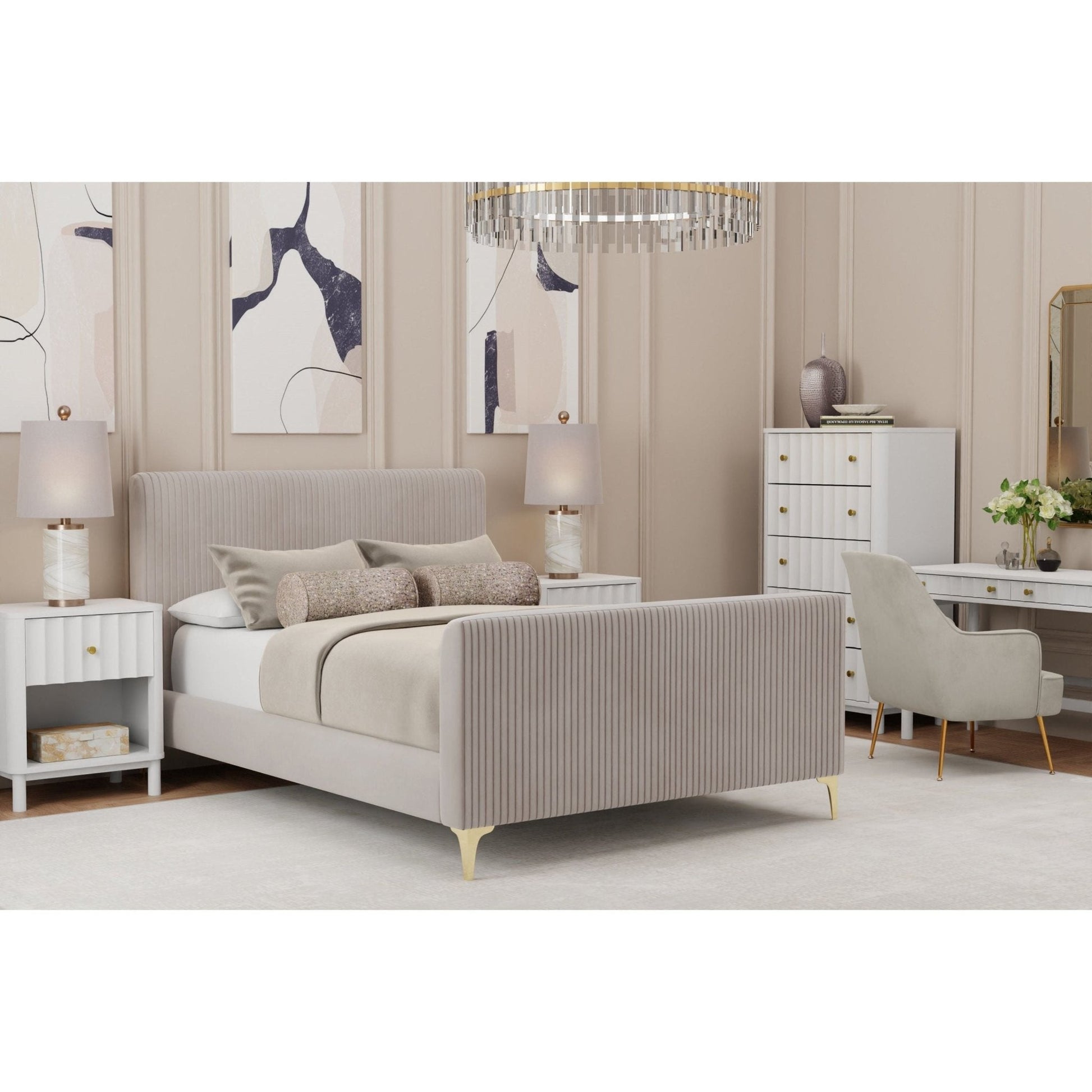 Zaldy Platform Bed in light grey fabric featuring ribbed headboard and gold legs, ideal for modern bedrooms.