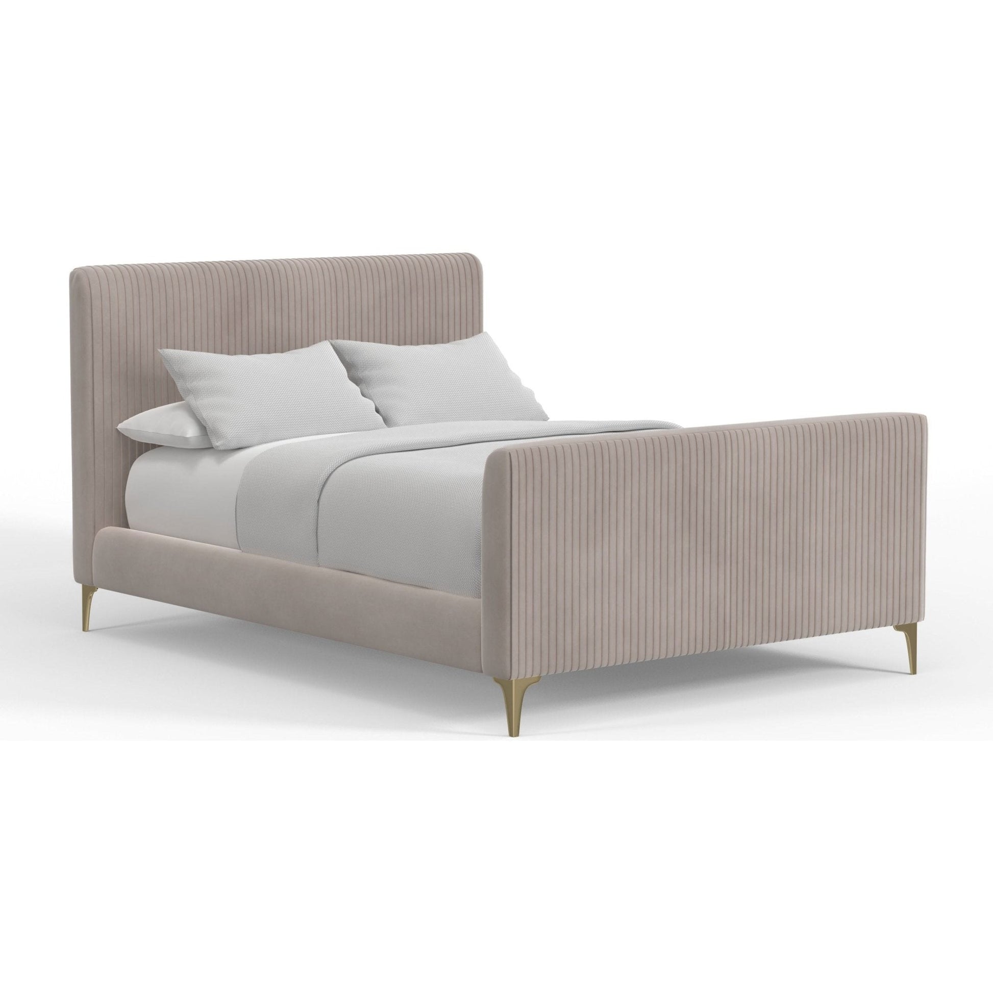 Zaldy Platform Bed in light grey with ribbed headboard and gold legs, suitable for any bedroom decor.