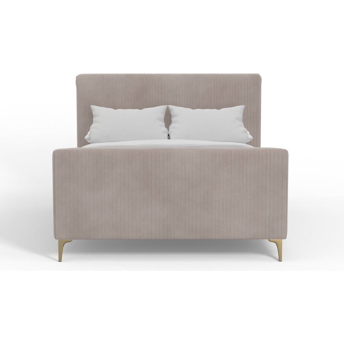 Zaldy Platform Bed in light grey fabric with gold legs and ribbed headboard, perfect for any bedroom.