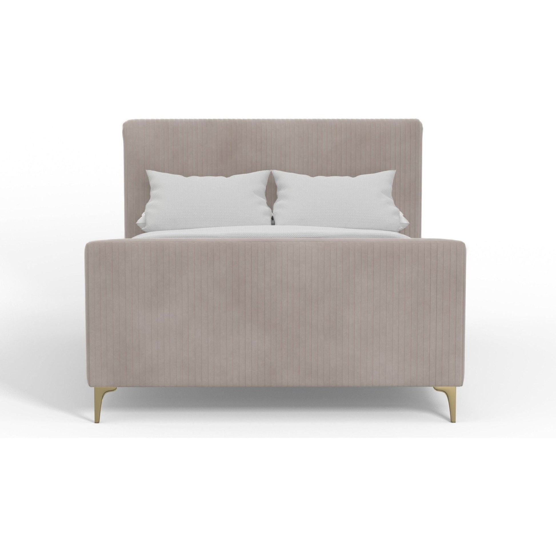 Zaldy Platform Bed in light grey fabric with gold legs and ribbed headboard, perfect for any bedroom.