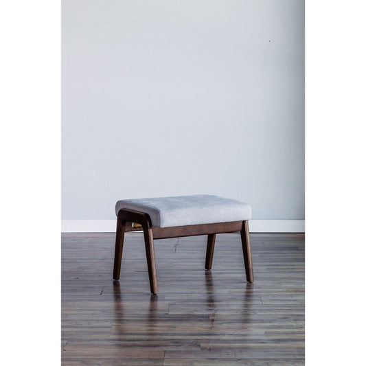 Zephyr Slate Footrest with light gray upholstery and medium brown solid wood frame in modern room setting.