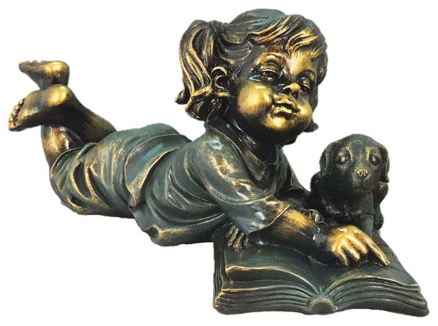 Girl and Pup Reading Figurine