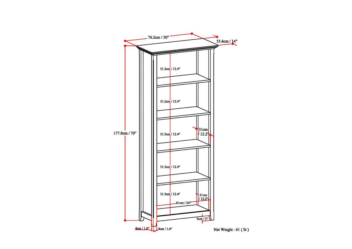 Amherst 30 Inch Solid Wood 5 Shelf Bookcase