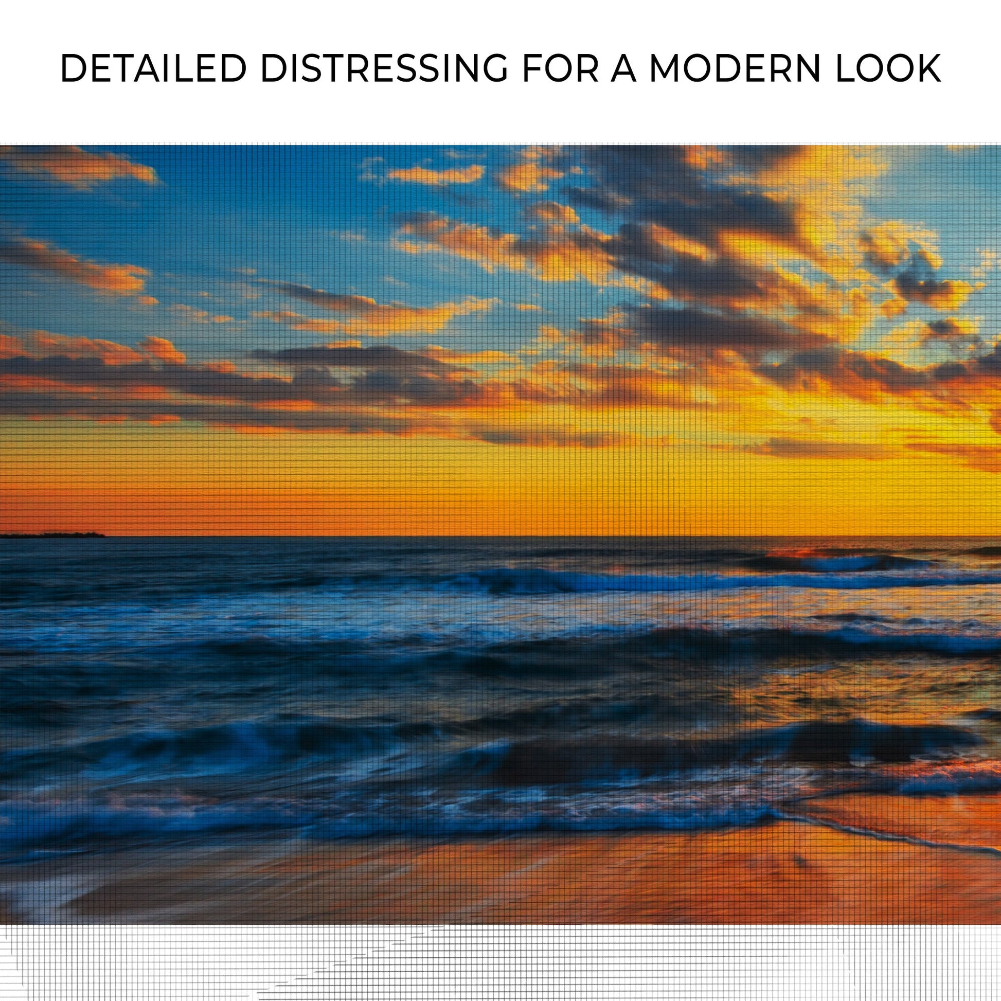 Sunset over the ocean with text 'Detailed Distressing for a Modern Look'