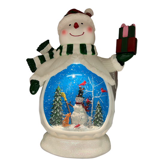 B/O Lighted Musical Spinning Water Globe Snowman with Holiday Scene White Coat