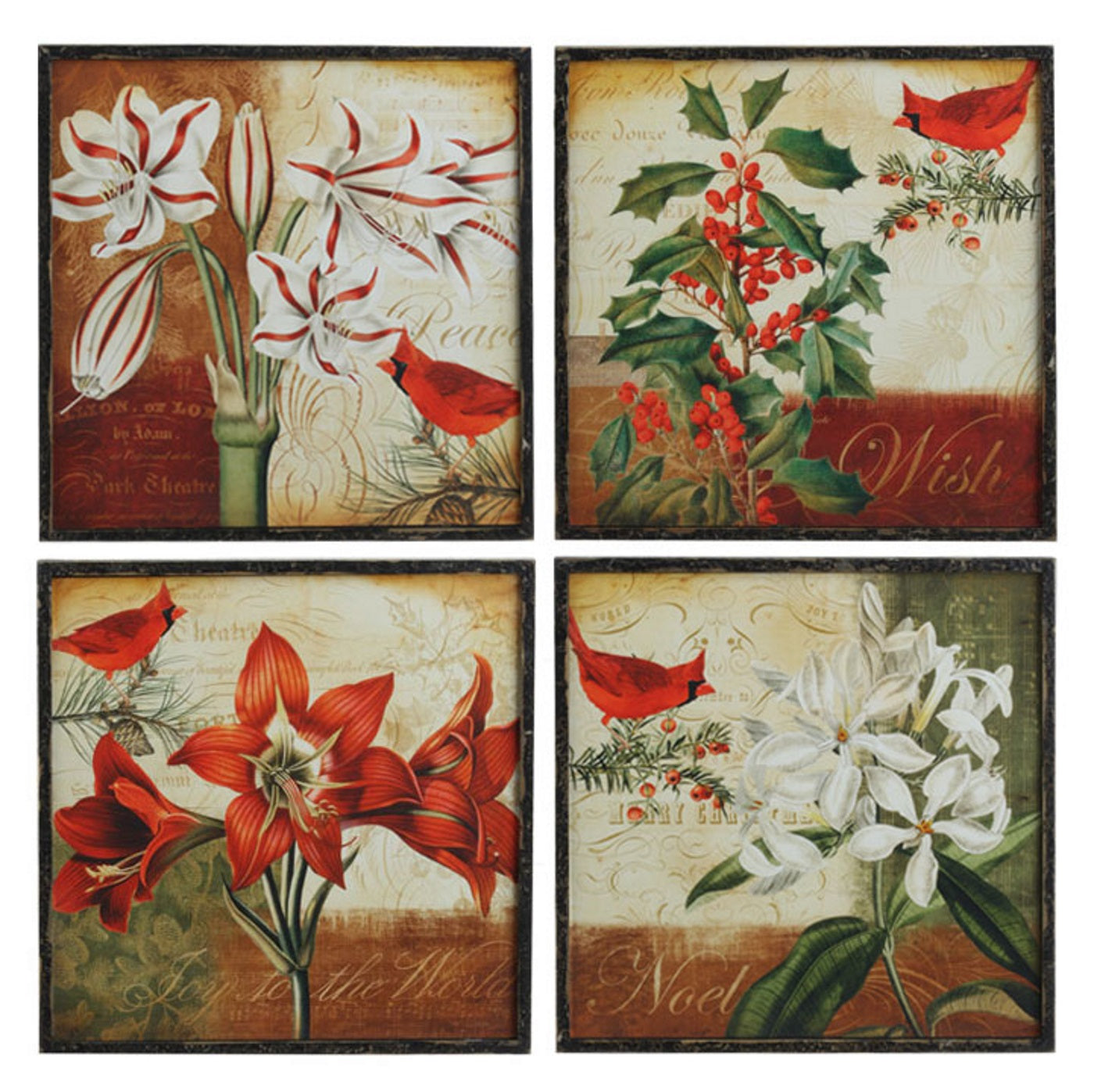 14 inch Wooden Cardinal Print - Red Poinsettia